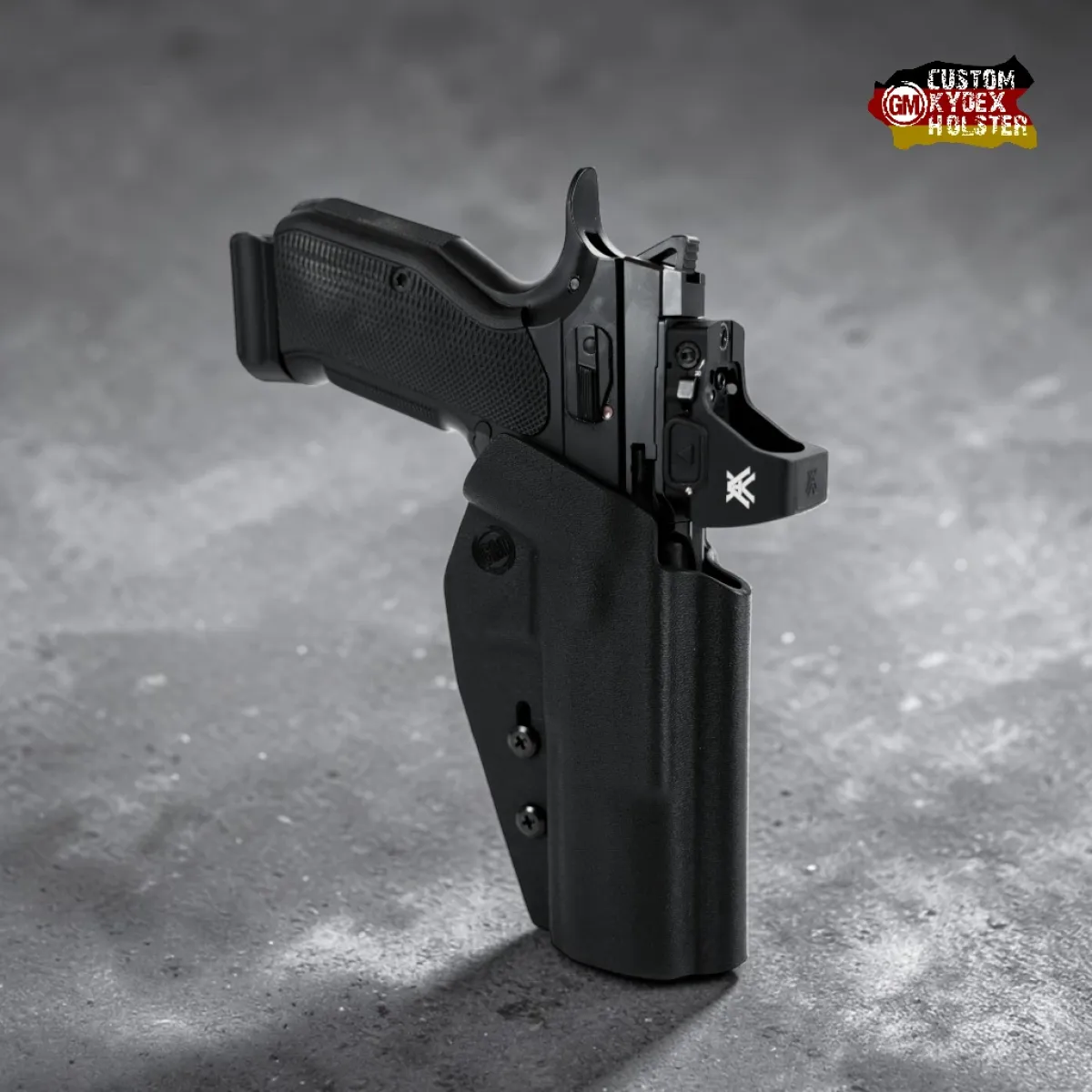 GM Sport OWB Kydex Holster in Schwarz für CZ Shadow 2, Sport Cut Ausführung mit Optic Ready Ausschnitt für Leuchtpunktvisiere.